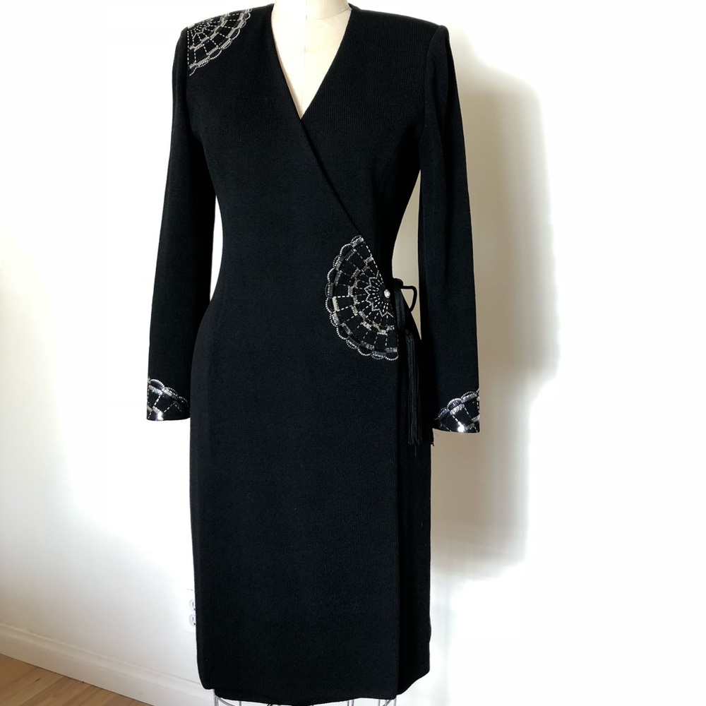 St John Evening black knit wrap dress size 6